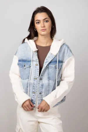 Elan Mixed Media Denim Jacket for Women in Denim/White | JK8225-DNMWHT