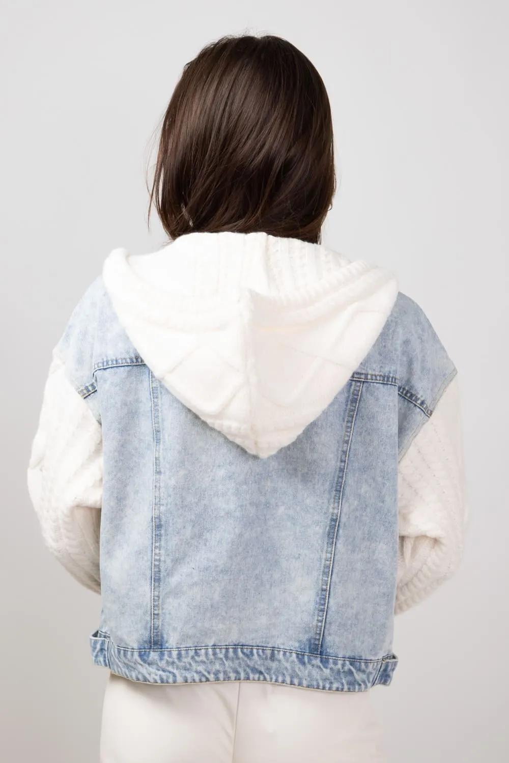 Elan Mixed Media Denim Jacket for Women in Denim/White | JK8225-DNMWHT