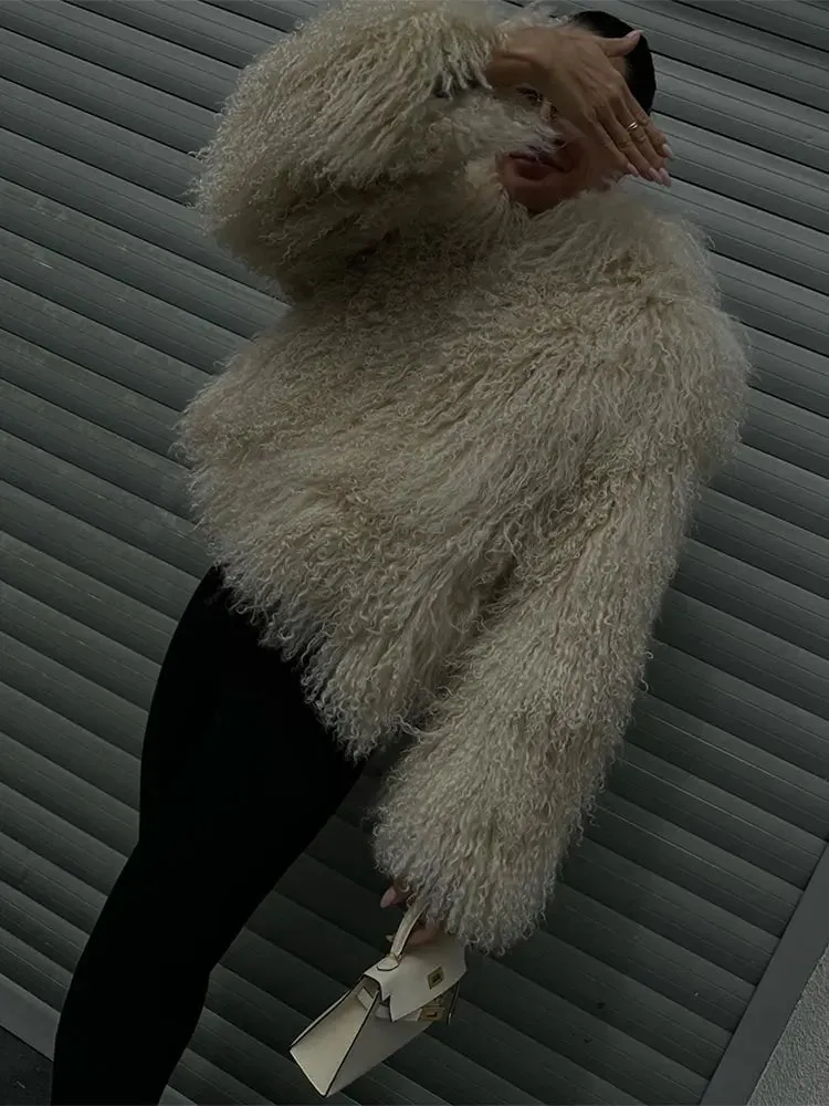 Elegant Furry Faux Fur Warm Short Coats Women Round Neck Long Sleeve Thickened Jacket 2024 Winter Lady High Street Outwear