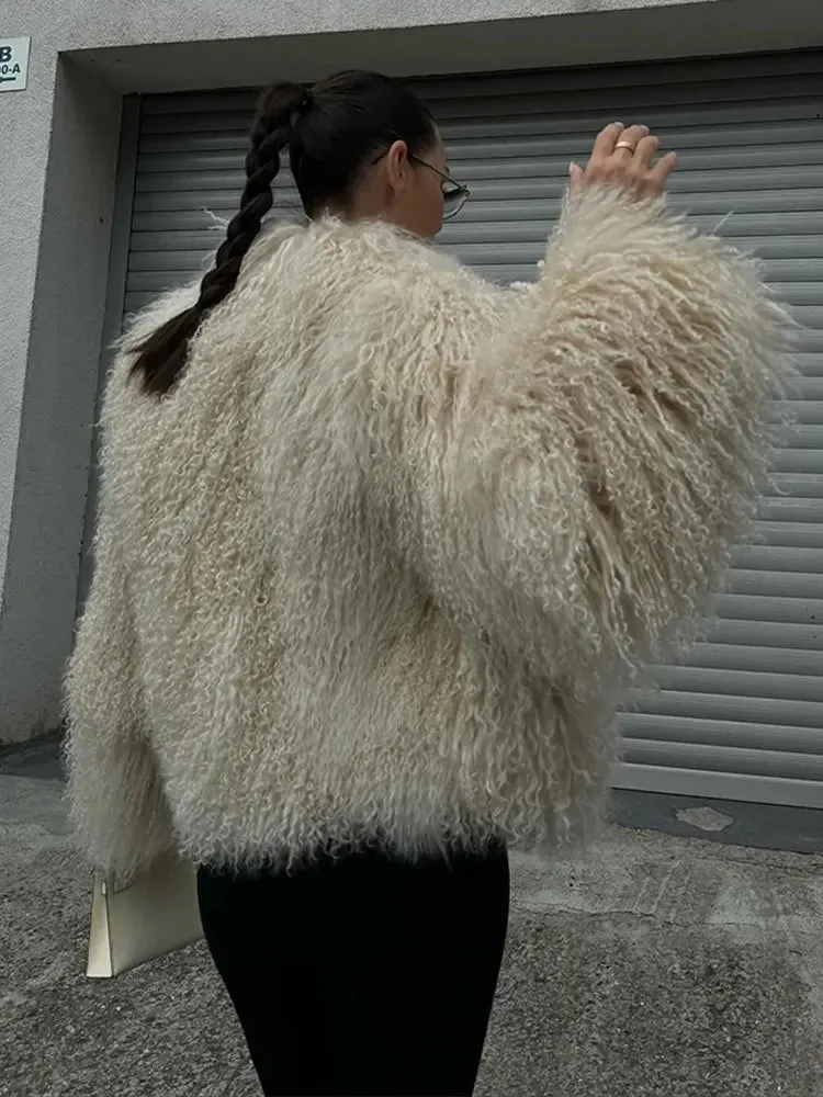 Elegant Furry Faux Fur Warm Short Coats Women Round Neck Long Sleeve Thickened Jacket 2024 Winter Lady High Street Outwear