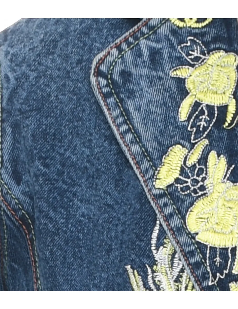 Embroidered Floral Stonewash Denim Jacket - M