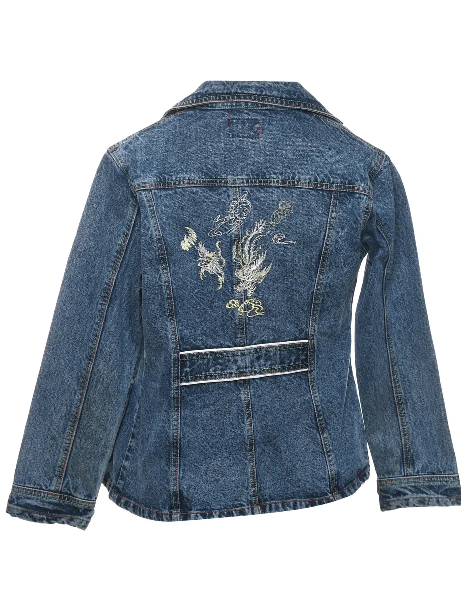 Embroidered Floral Stonewash Denim Jacket - M