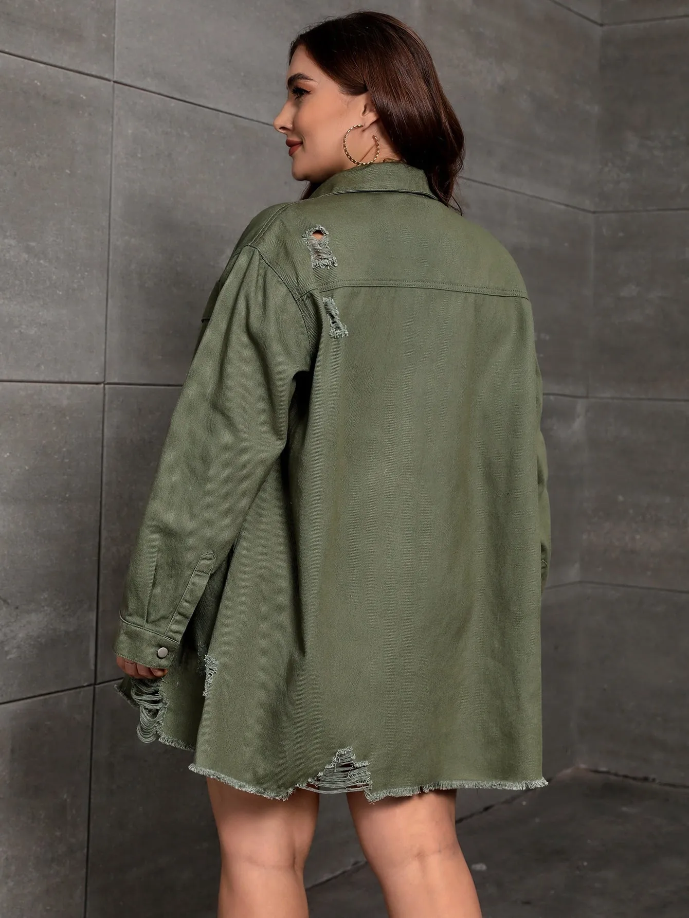 Essnce Plus Ripped Raw Cut Drop Shoulder Denim Coat