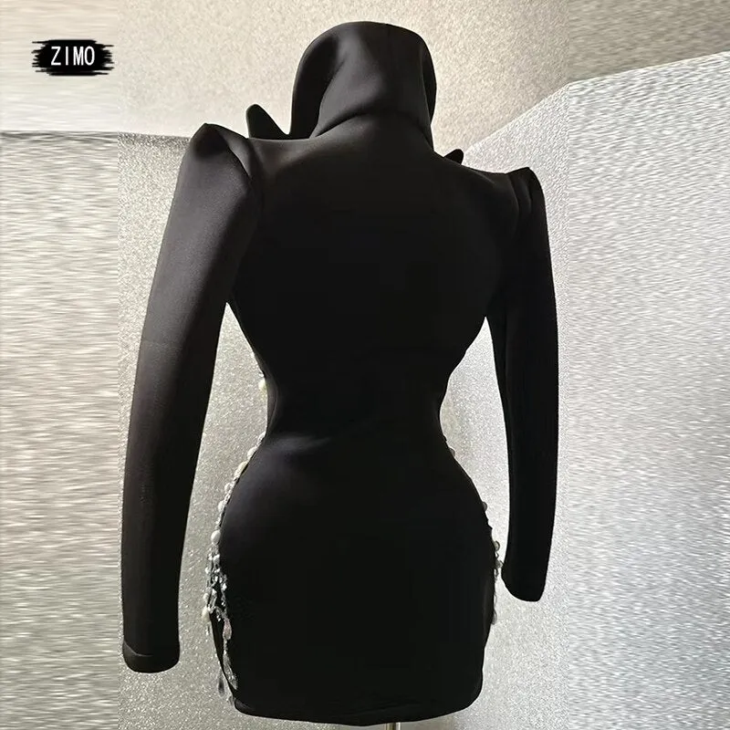 Fashion crystal rhinestone dress deep v neck sparkle black