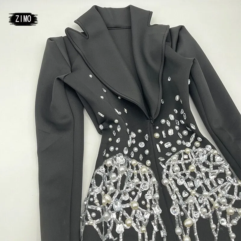 Fashion crystal rhinestone dress deep v neck sparkle black