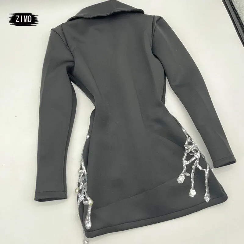 Fashion crystal rhinestone dress deep v neck sparkle black