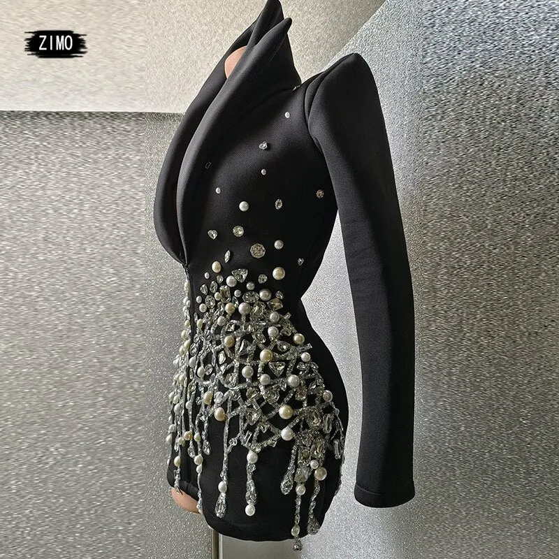 Fashion crystal rhinestone dress deep v neck sparkle black