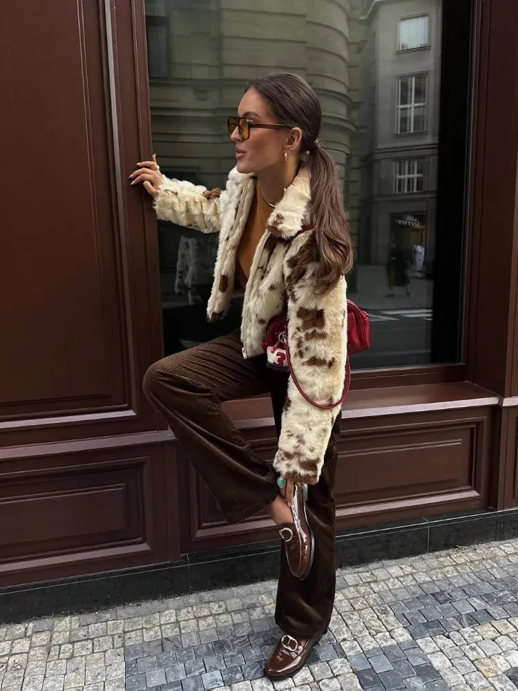 Faux Fur Contrast Women Coat 2024 Lapel Zipper Long Sleeve Female Coats Vintage Autumn Winter Pocket Thicken Warm Lady Outwear