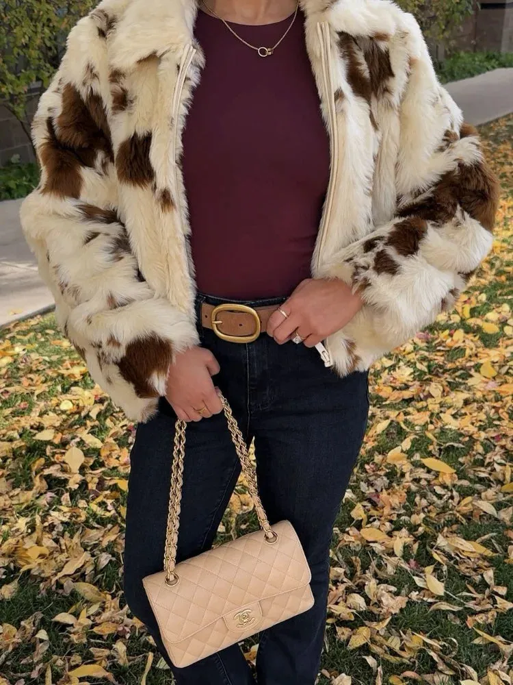 Faux Fur Contrast Women Coat 2024 Lapel Zipper Long Sleeve Female Coats Vintage Autumn Winter Pocket Thicken Warm Lady Outwear