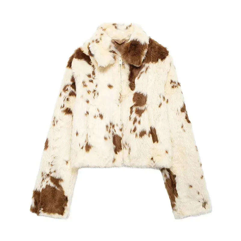 Faux Fur Contrast Women Coat 2024 Lapel Zipper Long Sleeve Female Coats Vintage Autumn Winter Pocket Thicken Warm Lady Outwear