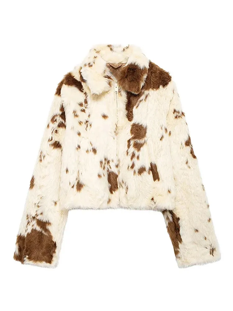 Faux Fur Contrast Women Coat 2024 Lapel Zipper Long Sleeve Female Coats Vintage Autumn Winter Pocket Thicken Warm Lady Outwear