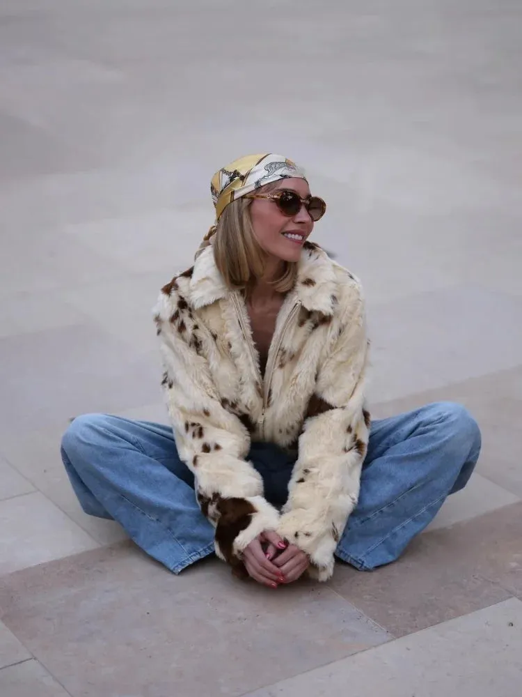 Faux Fur Contrast Women Coat 2024 Lapel Zipper Long Sleeve Female Coats Vintage Autumn Winter Pocket Thicken Warm Lady Outwear