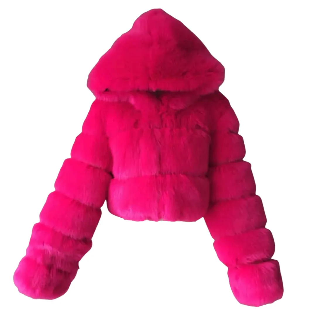 Faux Fur Hooded Cropped Coat