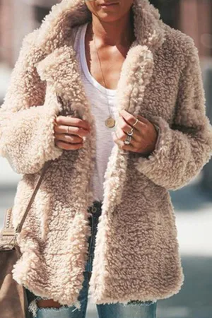 Fluffy Long Sleeve Solid Color Lapel Coat