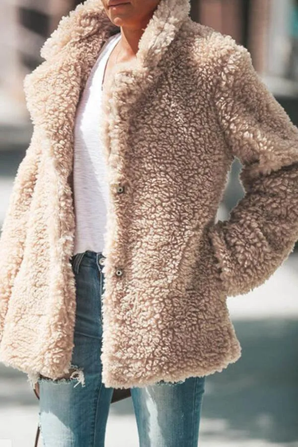 Fluffy Long Sleeve Solid Color Lapel Coat