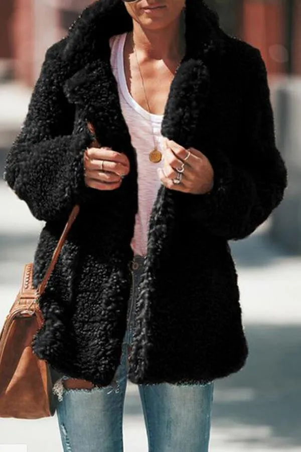 Fluffy Long Sleeve Solid Color Lapel Coat