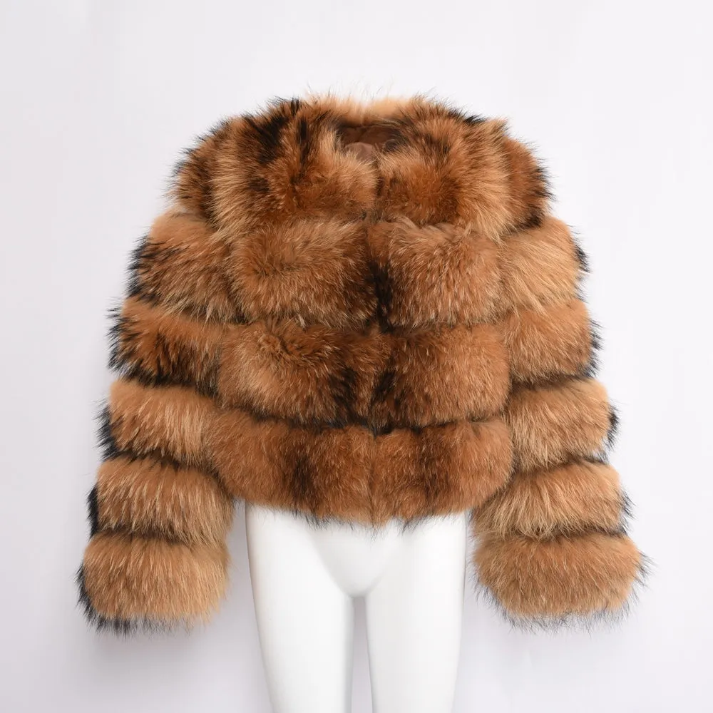 Fluffy Luxury Winter Thick Fur Jacket Cropped Real Raccoon Fur Coat Women