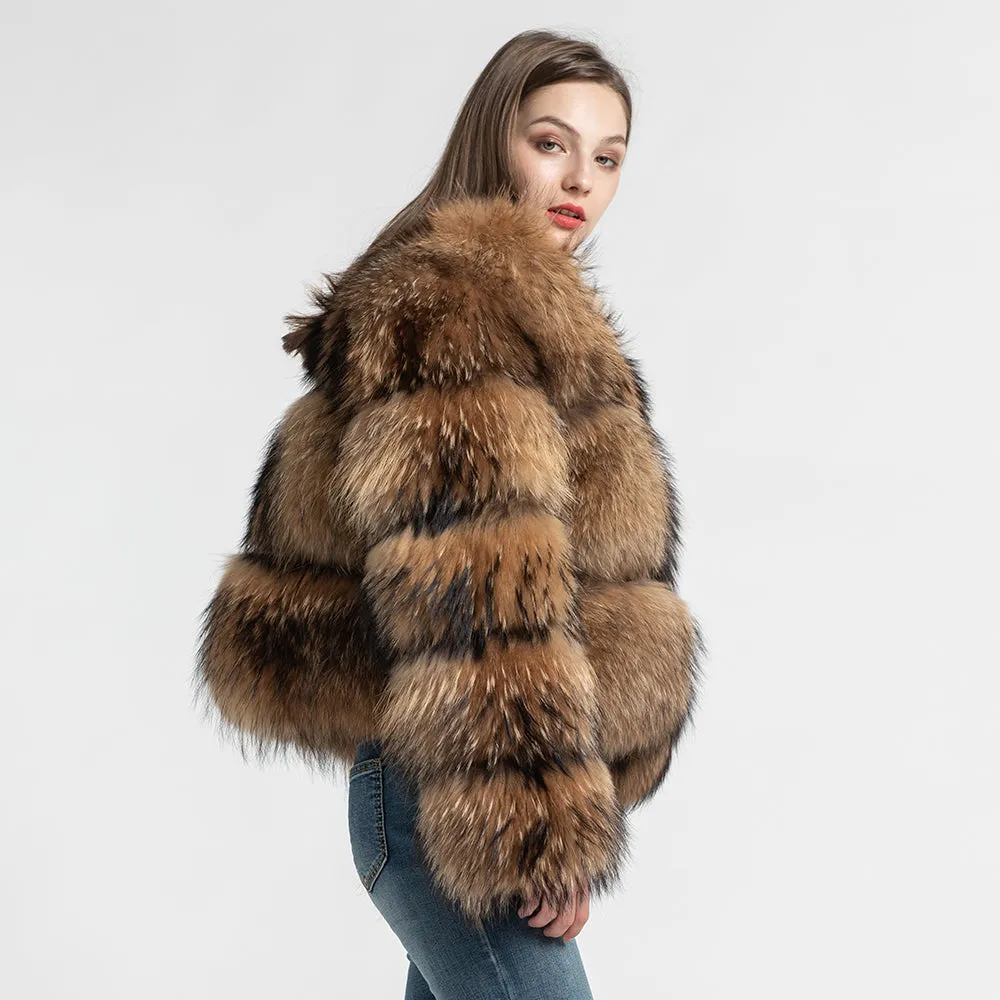Fluffy Luxury Winter Thick Fur Jacket Cropped Real Raccoon Fur Coat Women