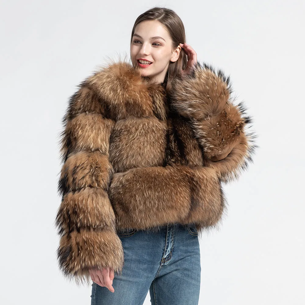 Fluffy Luxury Winter Thick Fur Jacket Cropped Real Raccoon Fur Coat Women