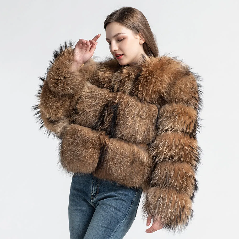 Fluffy Luxury Winter Thick Fur Jacket Cropped Real Raccoon Fur Coat Women