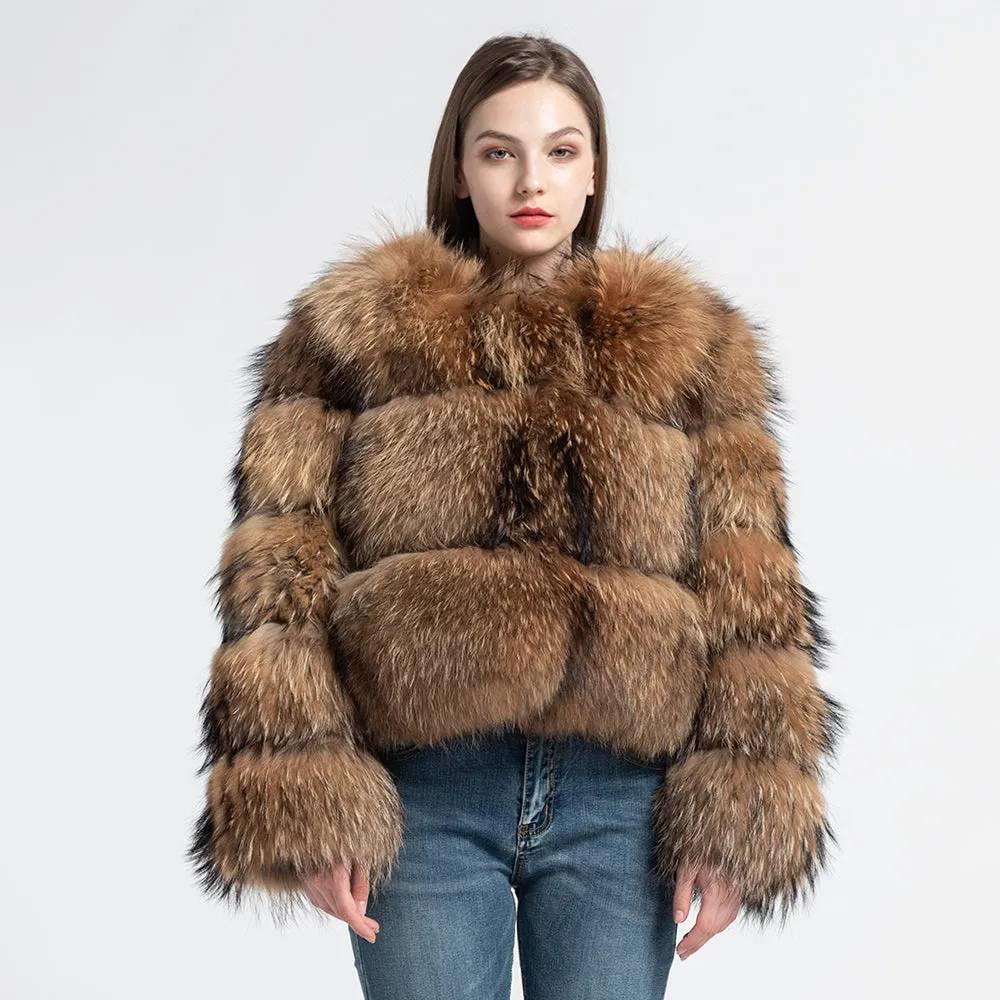Fluffy Luxury Winter Thick Fur Jacket Cropped Real Raccoon Fur Coat Women