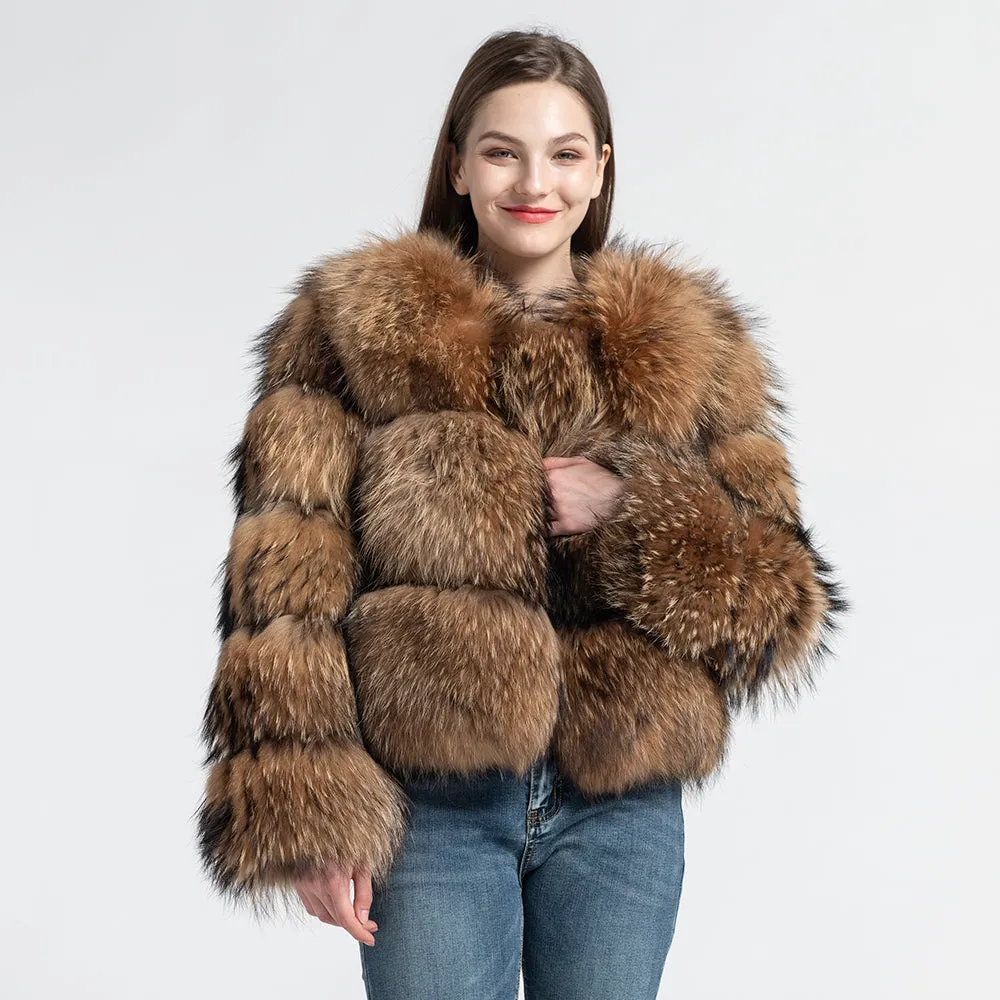 Fluffy Luxury Winter Thick Fur Jacket Cropped Real Raccoon Fur Coat Women