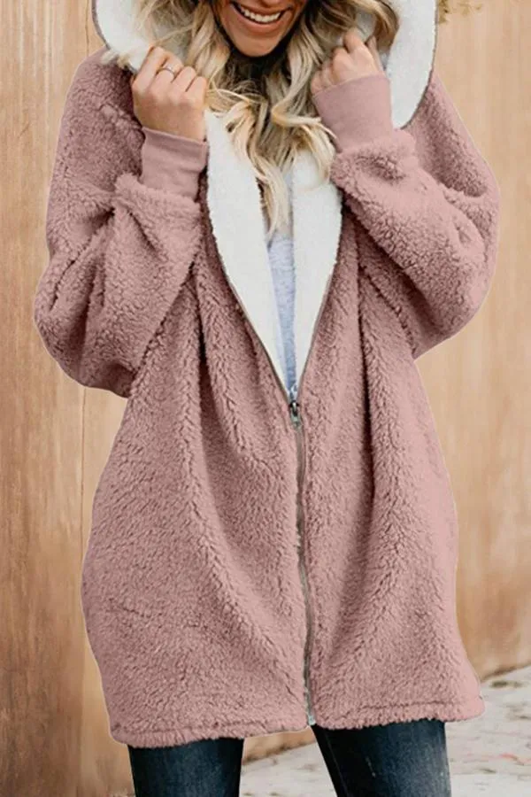 Fluffy Solid Color Hooded Coat