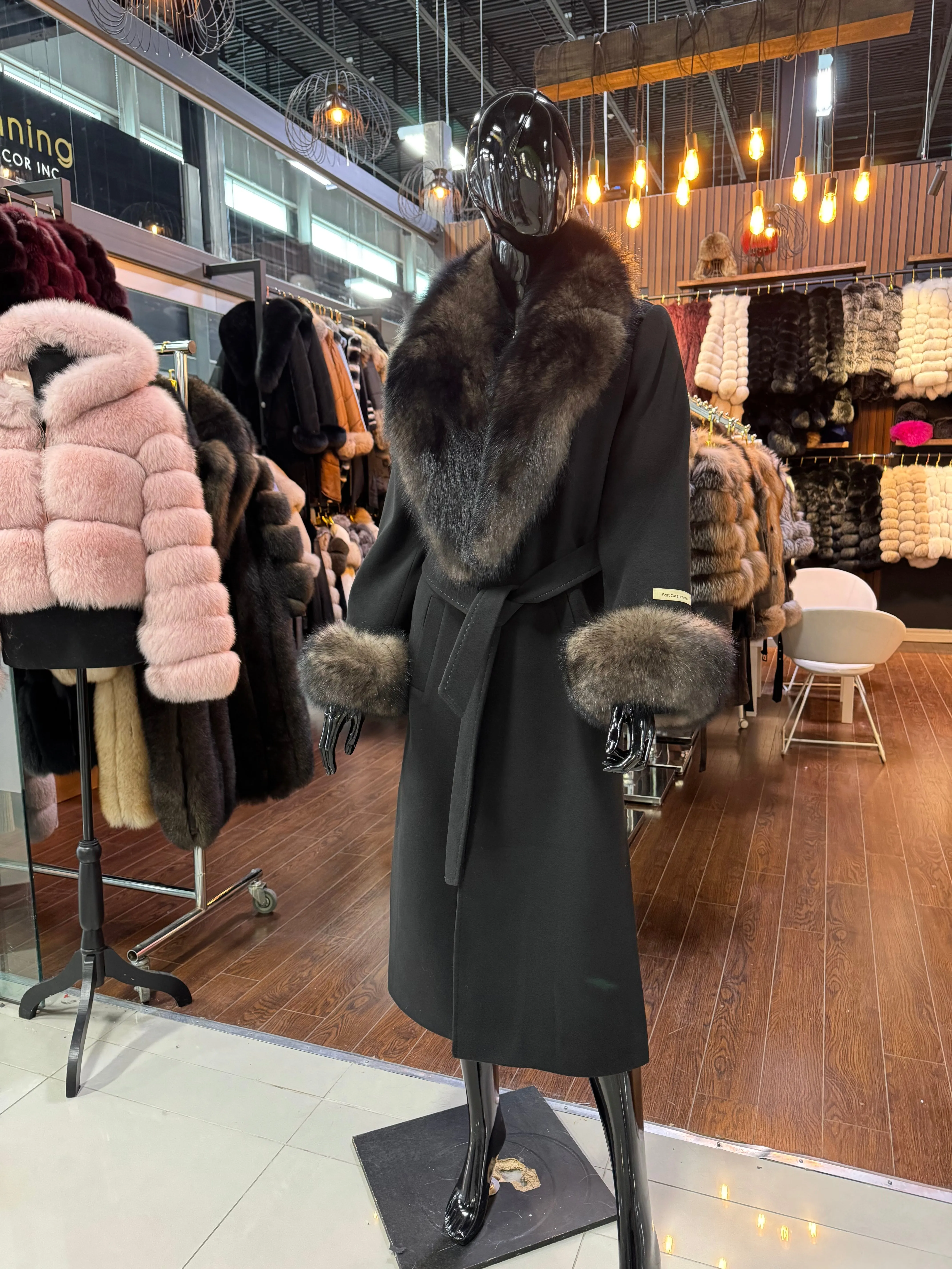 Fox Fur  Black Cashmere Coat