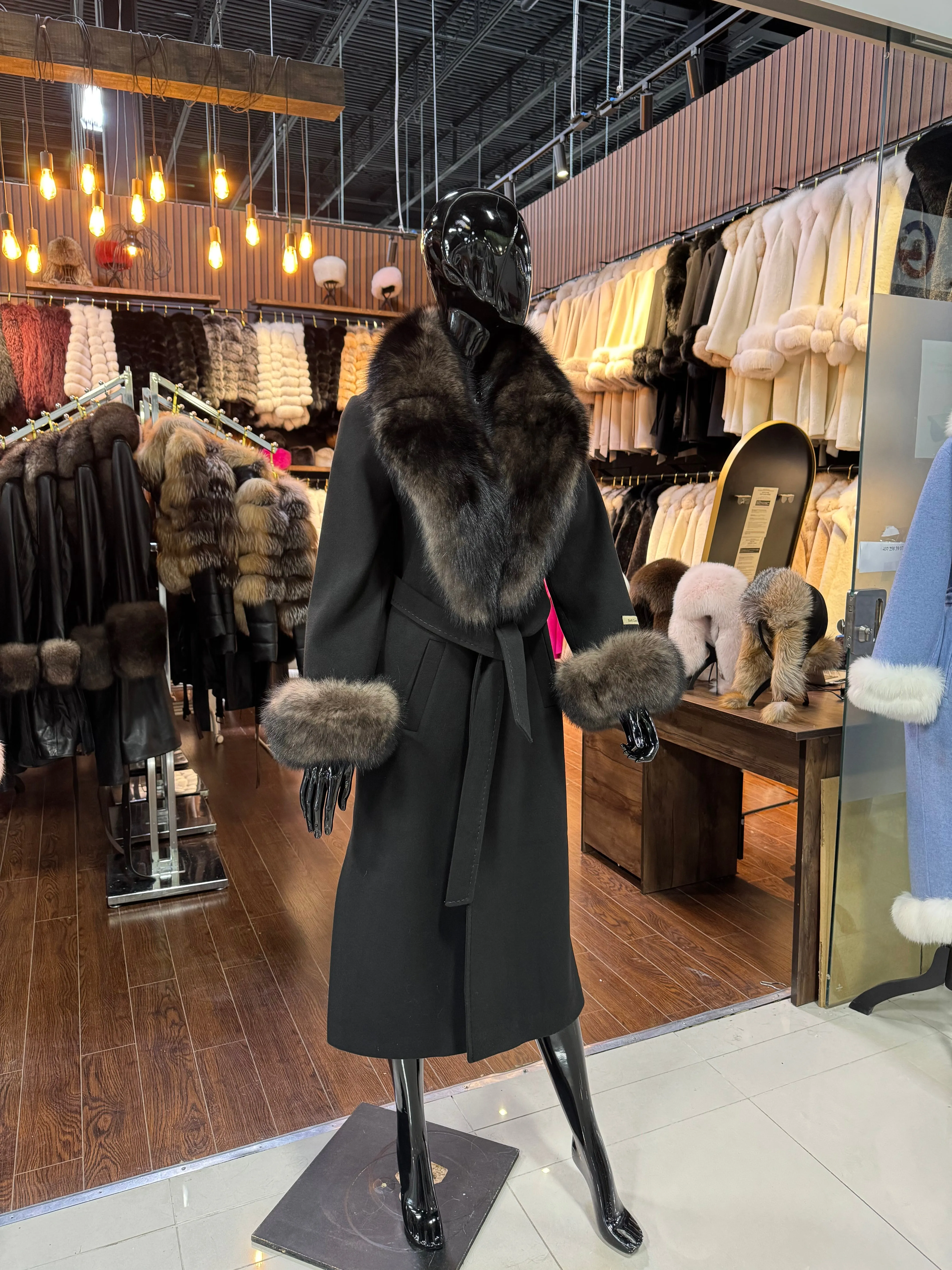 Fox Fur  Black Cashmere Coat