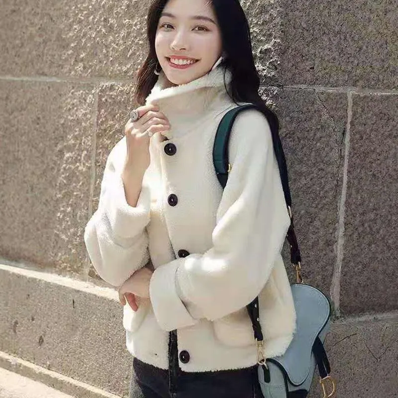 Fur All-in-one Short Grain Velvet Women's Coat  Winter Loose Plus Velvet Thick Lamb Wool Coat