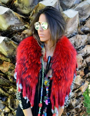 Fur Collar with Fringe in Red