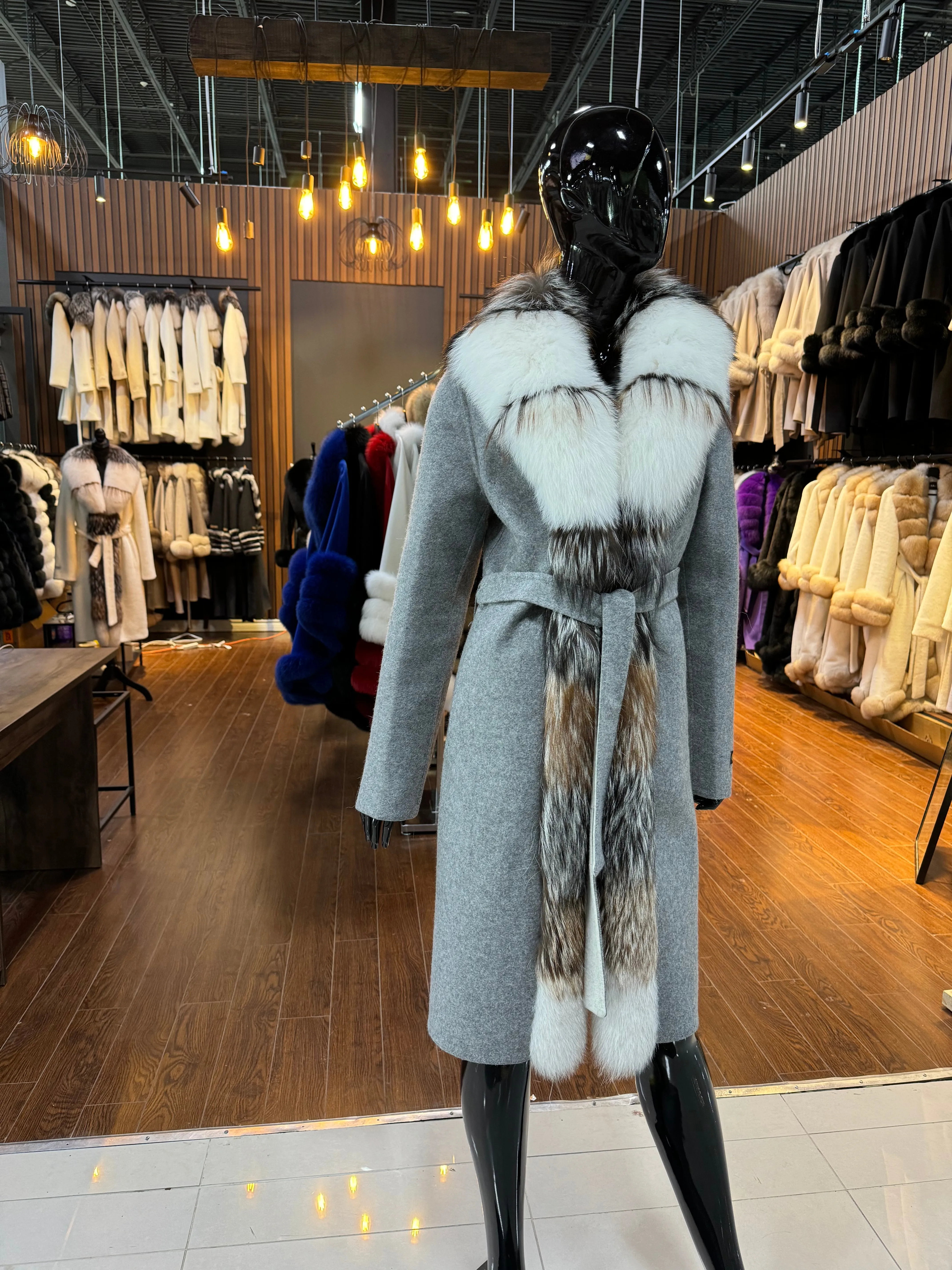 GRAY ALPACA AND FOX FUR COAT-SKU 1055
