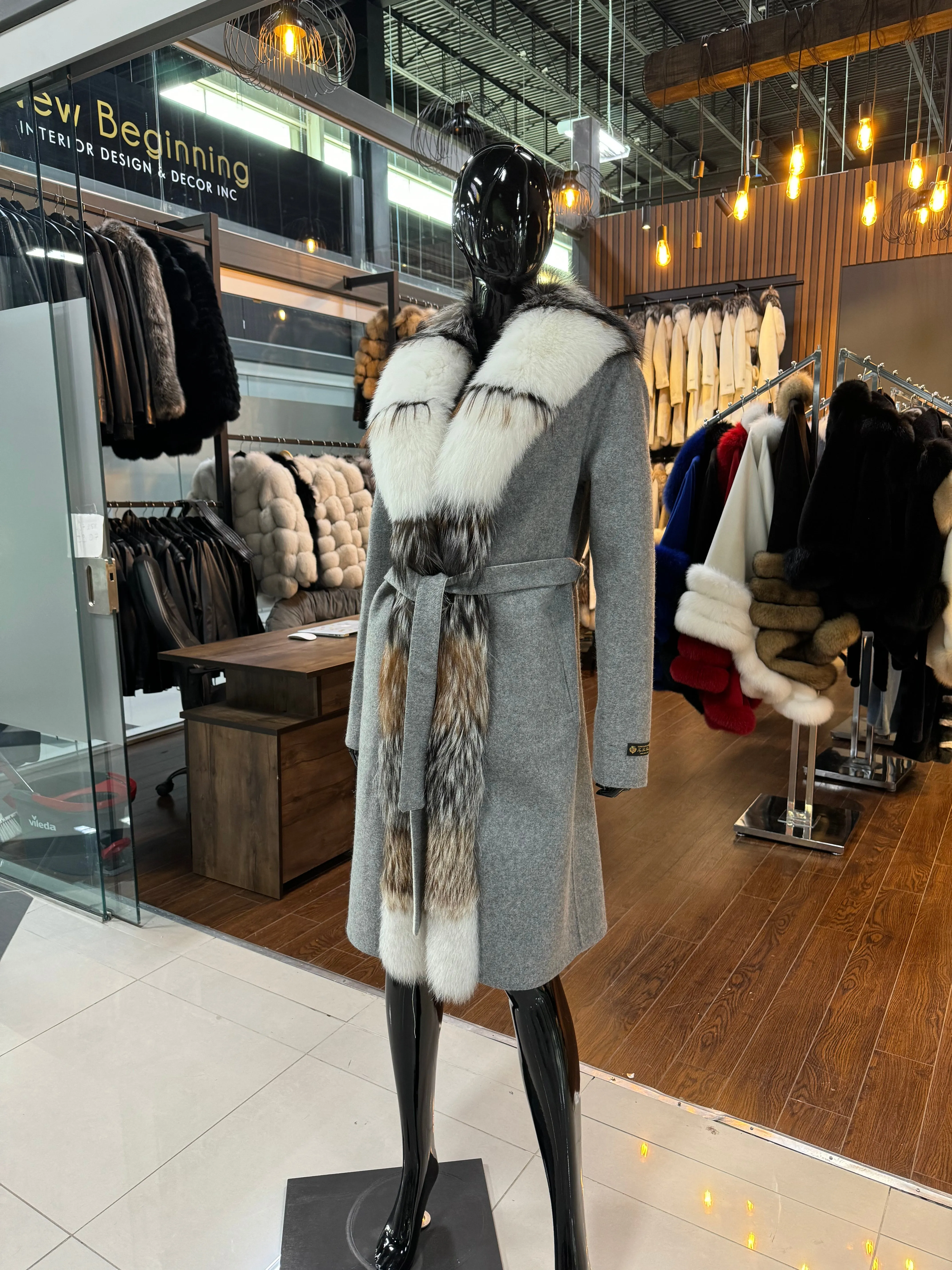 GRAY ALPACA AND FOX FUR COAT-SKU 1055