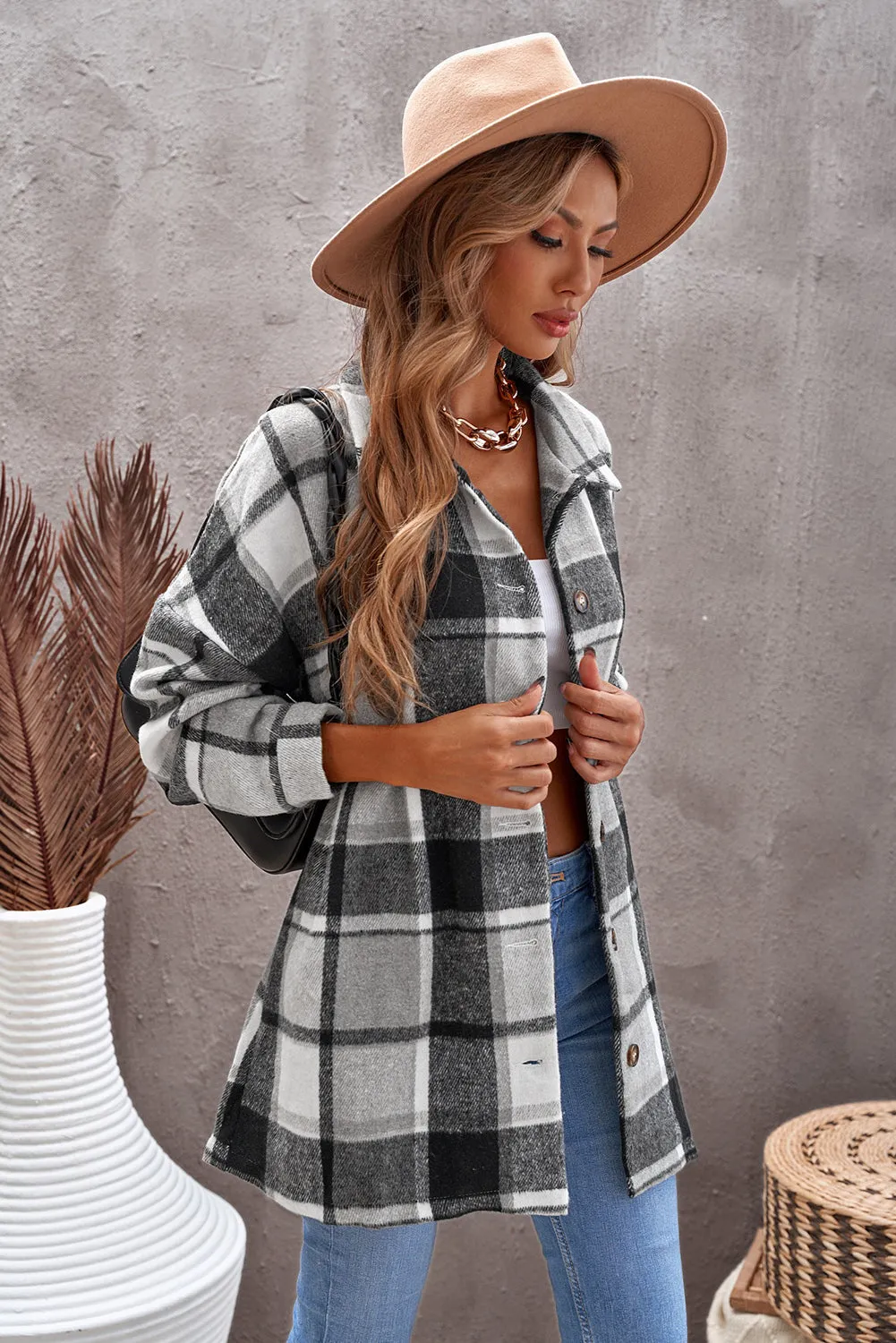 Gray Plaid Print Shirt Jacket