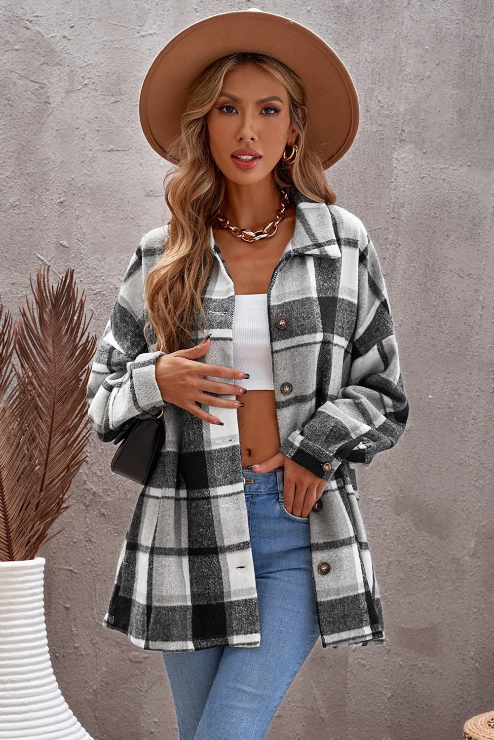 Gray Plaid Print Shirt Jacket