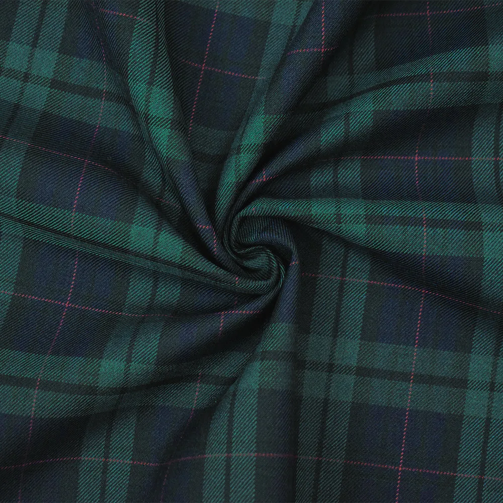 Green-Blue-Multi Wool-Poly Plaid Check Woven Twill Suiting Fabric