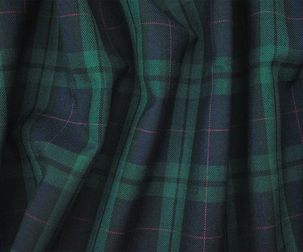 Green-Blue-Multi Wool-Poly Plaid Check Woven Twill Suiting Fabric