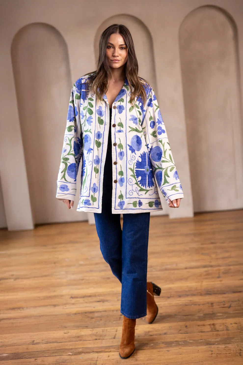 GUL COAT - Suzani Embroidered From Uzbekistan - BLUE ON WHITE - XL