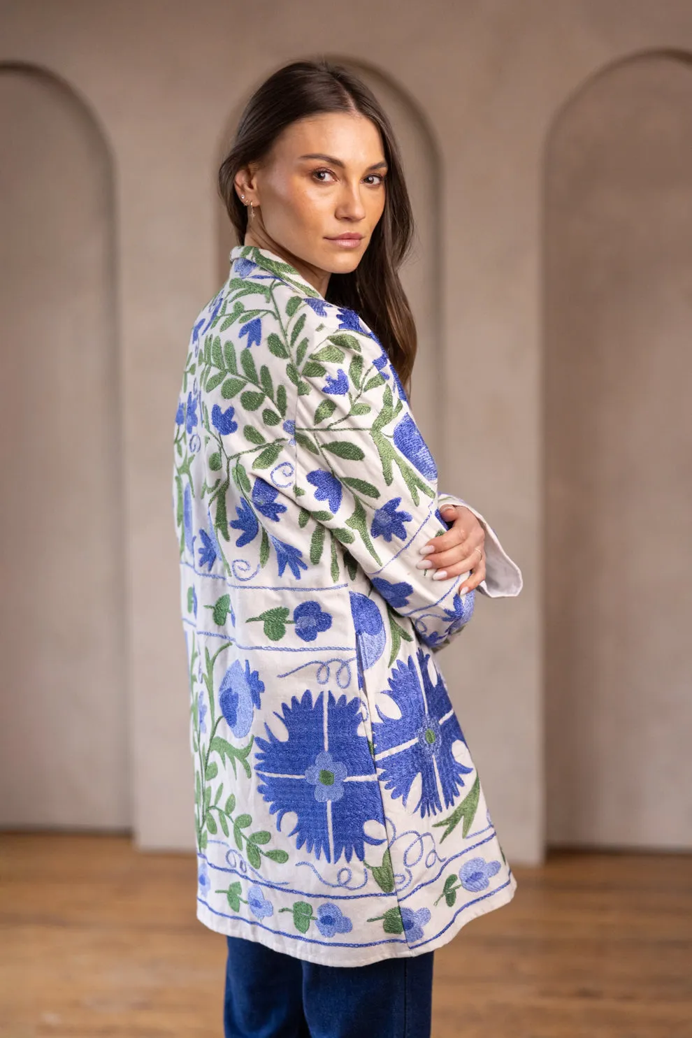 GUL COAT - Suzani Embroidered From Uzbekistan - BLUE ON WHITE - XL