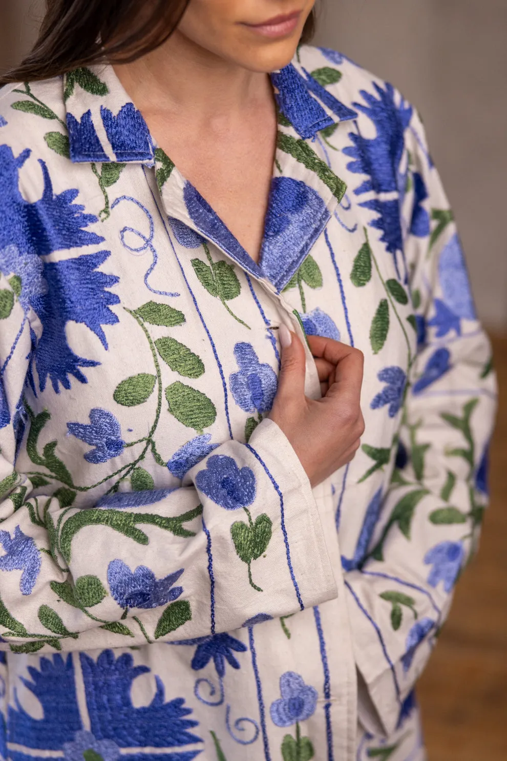 GUL COAT - Suzani Embroidered From Uzbekistan - BLUE ON WHITE - XL