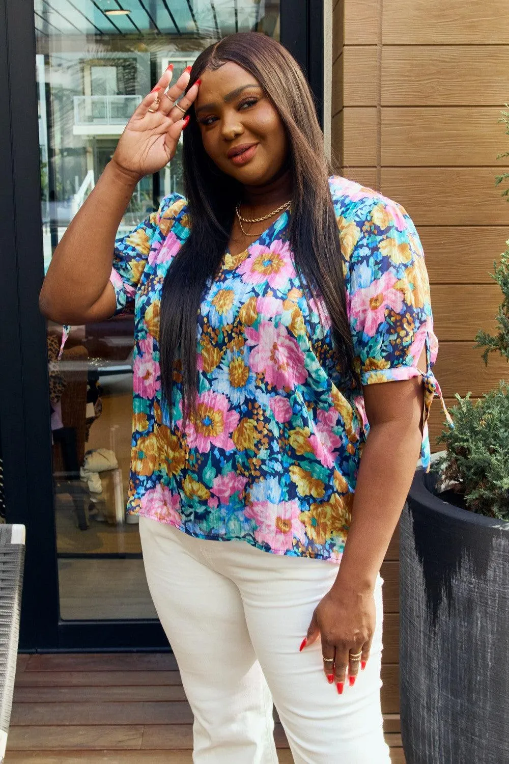 Hazel Blues® | Floral V-Neck Tie Detail Blouse