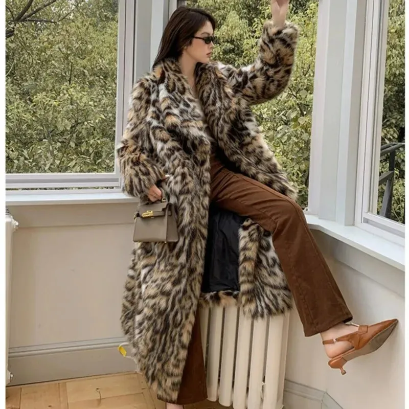 High quality Winter Animal Leopard Faux Fur Extra Long Coat Full Sleeve Loose Warm Shaggy Jacket Loose Outerwear
