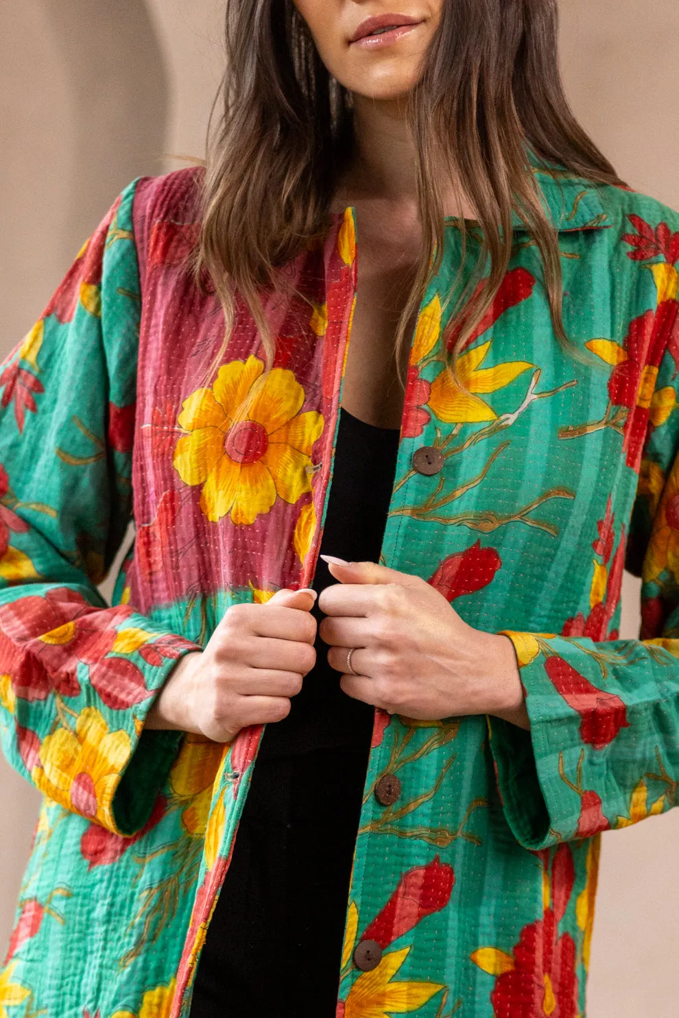 HIRA COAT - Upcycled Kantha Coat Green  - Medium