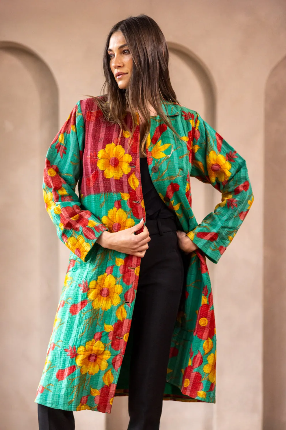 HIRA COAT - Upcycled Kantha Coat Green  - Medium