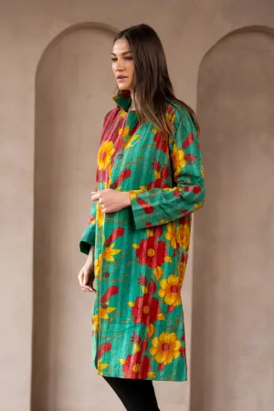 HIRA COAT - Upcycled Kantha Coat Green  - Medium