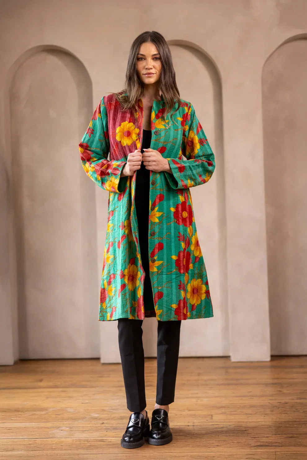HIRA COAT - Upcycled Kantha Coat Green  - Medium