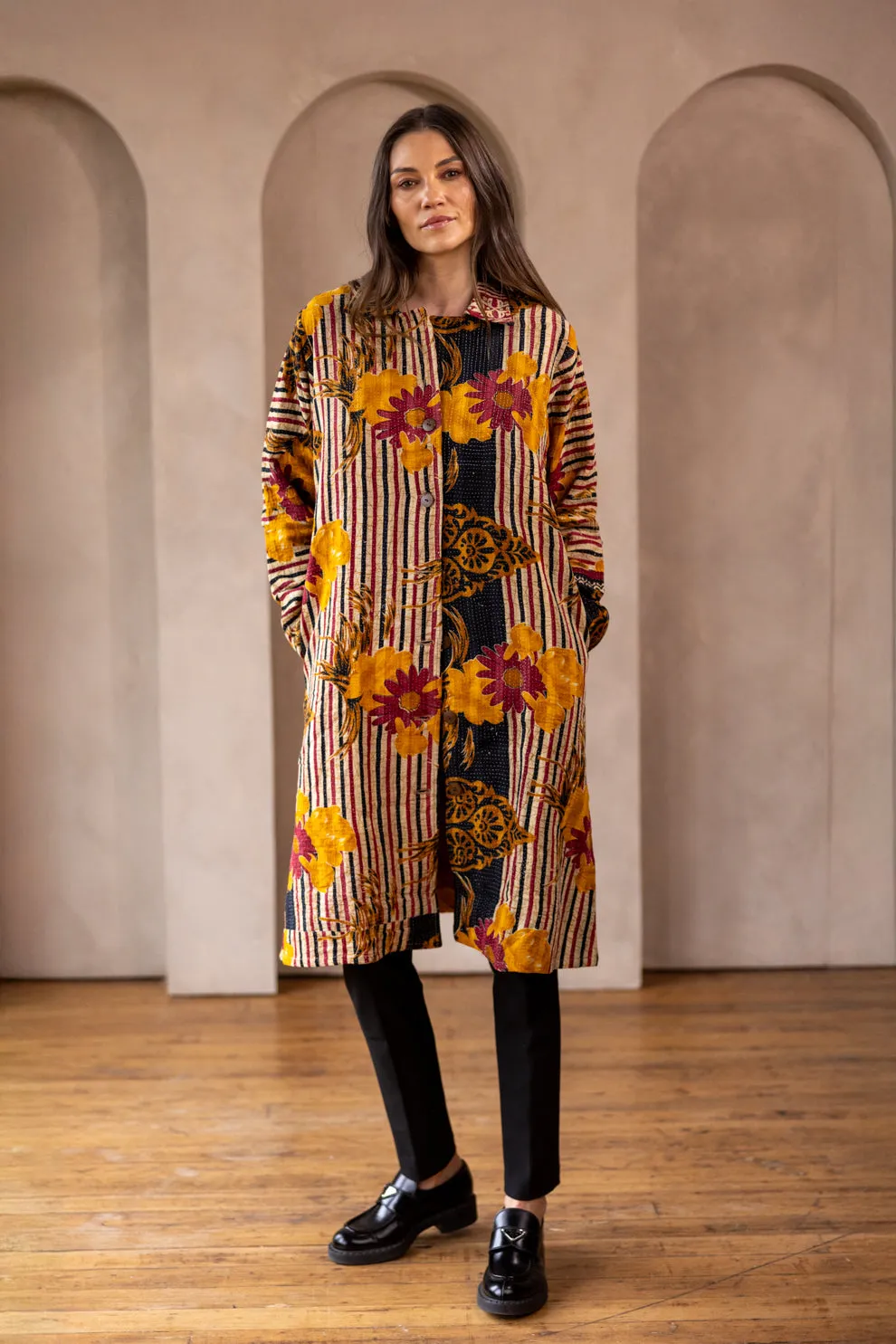 HIRA COAT - Vintage Kantha Coat - Floral & Stripes - L