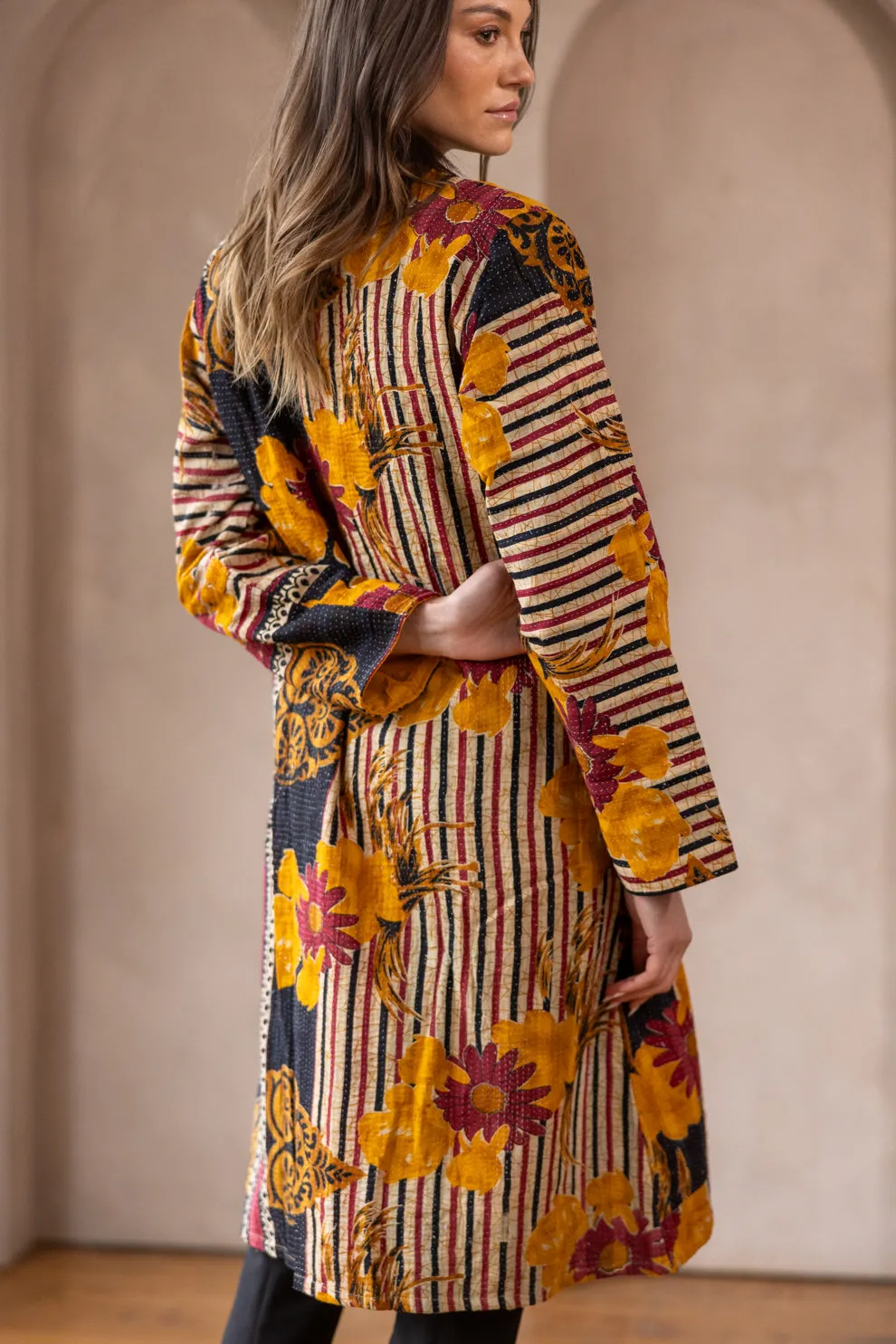 HIRA COAT - Vintage Kantha Coat - Floral & Stripes - L