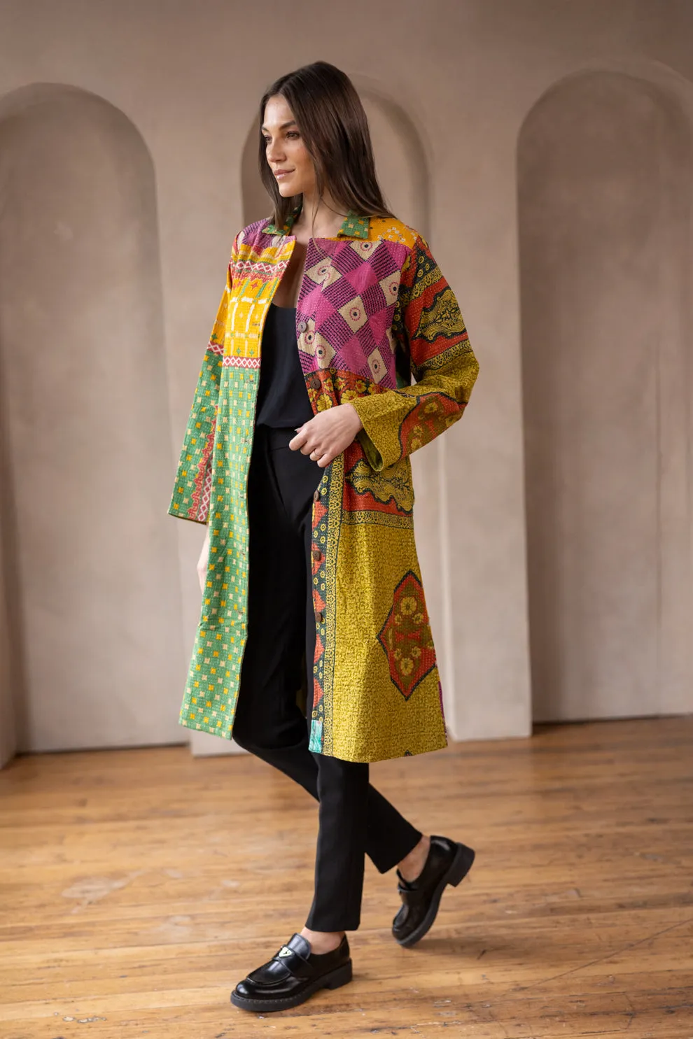 HIRA COAT - Vintage Kantha Coat - Green & Yellow - M