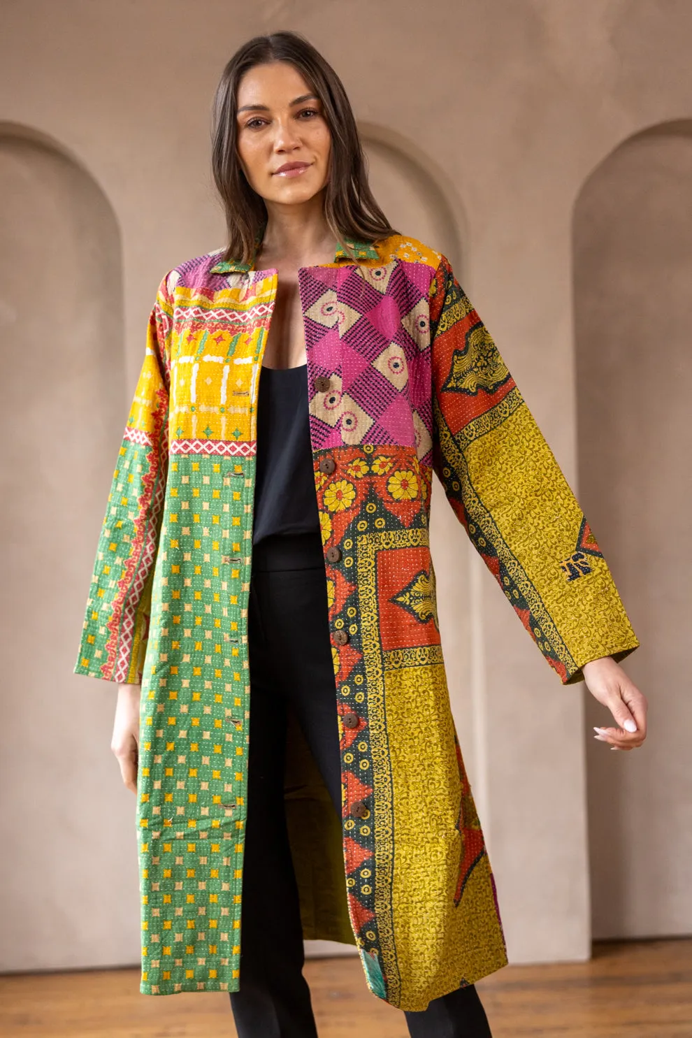 HIRA COAT - Vintage Kantha Coat - Green & Yellow - M